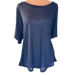 Umgee USA Linen Blend Top Women's Medium Black Semi Sheer Raw Hem Pocket NWT